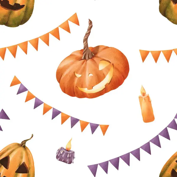 Sömlöst Halloweenmönster Pulserande Orange Pumpor Med Snidade Ansikten Orange Och — Stockfoto