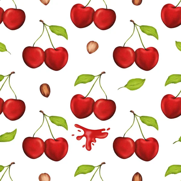 Vibrant Juicy Cherries Adorn Seamless Watercolor Pattern Ideal Kitchen Decor — Stock Photo, Image