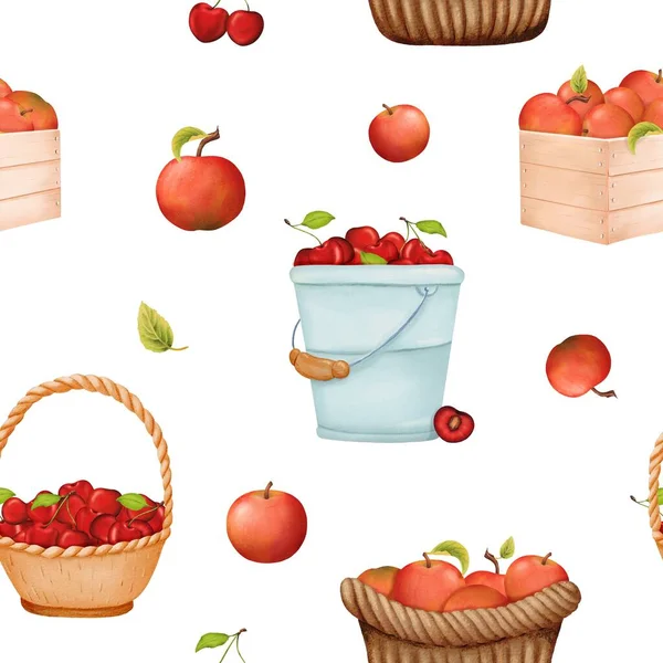Seamless pattern. ripe cherries in a pail, crunchy apples in a crate and fresh harvest in baskets. delicious, nutritious fruits and berries. for kitchen decor textiles home and garden. watercolor.