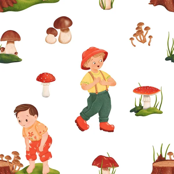 Seamless Woodland Pattern Little Mushroom Pickers Forest Glade Dream Mushroom — Stock Photo, Image