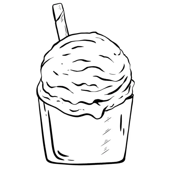 手绘草图 冰淇淋用酥脆的华夫饼干稻草盛在杯子里 夏天的款待 美味的快乐 适用于菜单 咖啡店和餐厅装饰 — 图库矢量图片