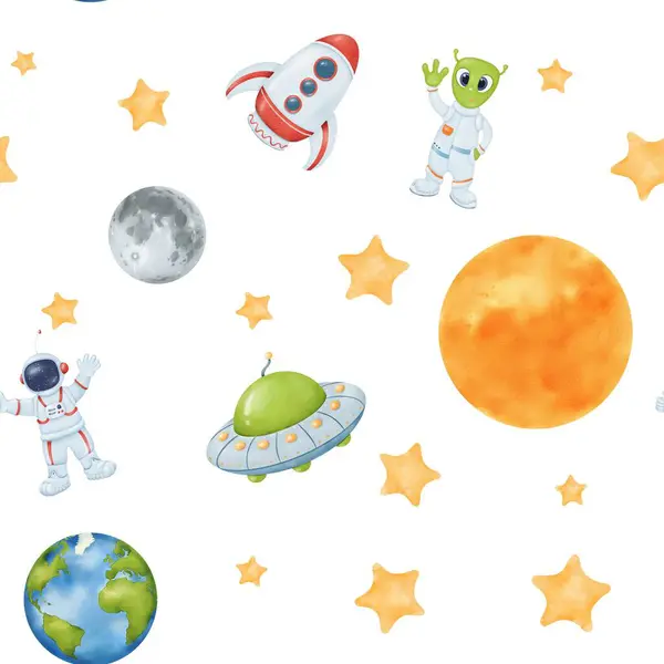 Seamless Watercolor Pattern Starry Sky Yellow Stars Earth Whimsical Astronaut — Stock Photo, Image