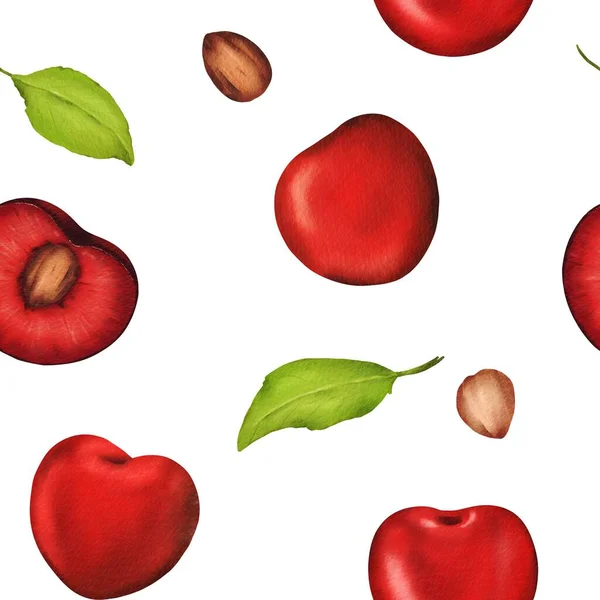 Seamless Watercolor Pattern Luscious Vibrant Cherries Ideal Kitchen Decor Recipes — Stock Photo, Image