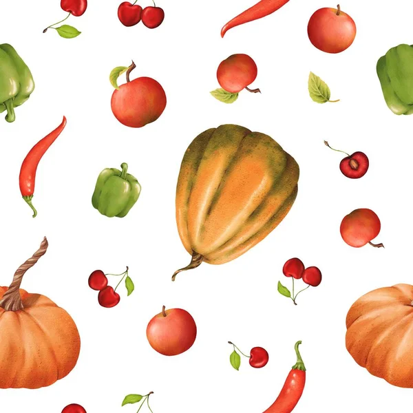 Seamless Harvest Pattern Pumpkins Apples Paprika Chili Peppers Cherries Delicious — Stock Photo, Image