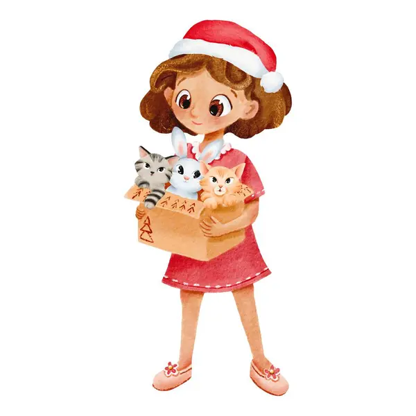 ピンクのドレスを着た女の子が猫の箱を持っている かわいい赤ちゃんが微笑んでいる 水彩はイラストを分離しました カード作り 党の招待状 挨拶カード ポスター のための設計 その他 — ストック写真