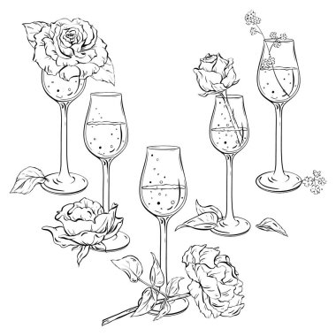 Taze açık güllü köpüklü şarap kadehi seti. Düğün 2024. Kart boyama posterleri ve tekstil baskıları için ihale kompozisyonu. Doğum günleri ve bekarlığa veda partisi için uygun. Vektör EPS