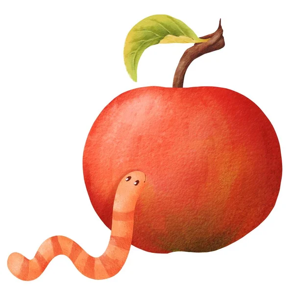 水彩コンポジション リンゴを持ったワームです 子供の本 ポスター 招待状 その他の創造的なプロジェクトに最適で 喜びと想像力を呼び起こすことを目指しています — ストック写真