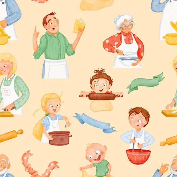 친절한 원활한 패턴입니다 아이들은 부모님과 점심을 요리합니다 수채화 격리된 그림입니다 — 스톡 사진