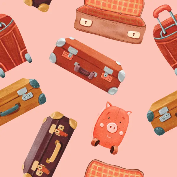 Seamless pattern of open and close Stylish brown retro suitcase, child luggage . Old vintage leather briefcase baggage. Travel stuff. Hand drawn retro bag. Watercolor colored illustration.