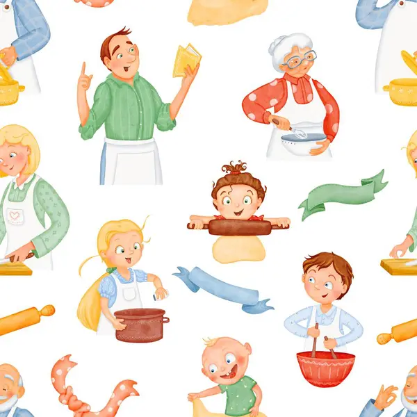 Vriendelijke Familie Naadloos Patroon Volwassen Kinderen Koken Lunch Met Hun — Stockfoto
