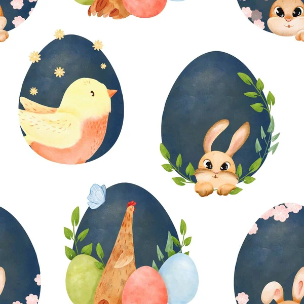 Naadloos Patroon Paascomposities Met Kleurrijke Eieren Lentevogels Kuikens Konijnen Perfect — Stockfoto