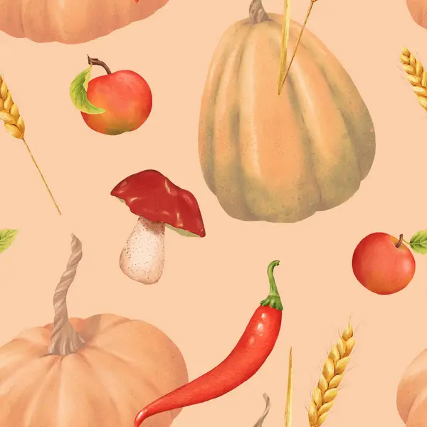 Bezešvé Vzory Dýní Jablek Hub Chilli Hřeby Ilustrace Akvarelů Podzimní — Stock fotografie