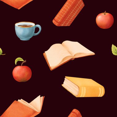 Farklı kitapların suluboya desenleri, mavi çay fincanı, açık retro kitap ve kırmızı elma. Okul illüstrasyonuna dönelim. Kitapçı, kütüphane, kapak, kart tasarımı için parlak illüstrasyon.