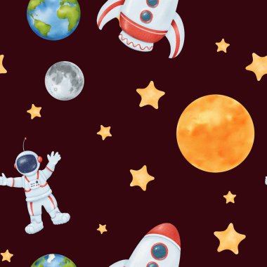 Yıldızlı bir gökyüzünün sulu boya deseni. Sarı yıldızlar, Dünya gezegeni, bir astronot, roket, ay ve güneş. Çocuklar için kozmik bir tema. Duvar kağıtları, çocuk odaları, tekstil, bebek kıyafetleri, ders kitapları