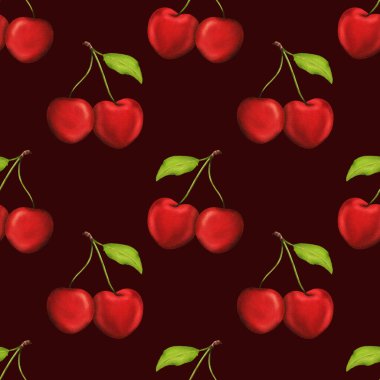 Kusursuz parlak kiraz deseni. Mutfak temalı dekorlar, tarifler, tekstil, önlükler, ambalajlar, reçel ve şeker gibi kiraz ürünleri ve sakız ambalajları için. suluboya resimleme.