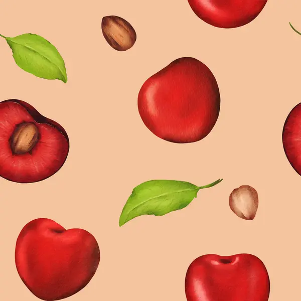 Seamless Watercolor Pattern Luscious Vibrant Cherries Ideal Kitchen Decor Recipes — Stock Photo, Image