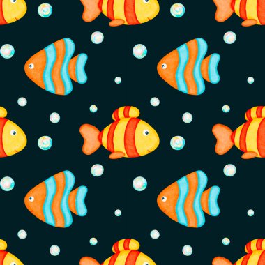 Suluboya kusursuz desen. Renkli balıklar ve renkli sabun köpükleri deseni. Oyuncaklar. Banyo oyuncakları geçmişi. Çocuklar, çocuklar, tekstil, kumaş, ev dekorasyonu için tasarım. Boyalı süs..