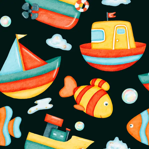 水彩シームレスなパターン カラフルな魚 おもちゃのボート カラフルな石鹸の泡パターン バスルームの背景 家の装飾のための設計 塗装された装飾 — ストック写真