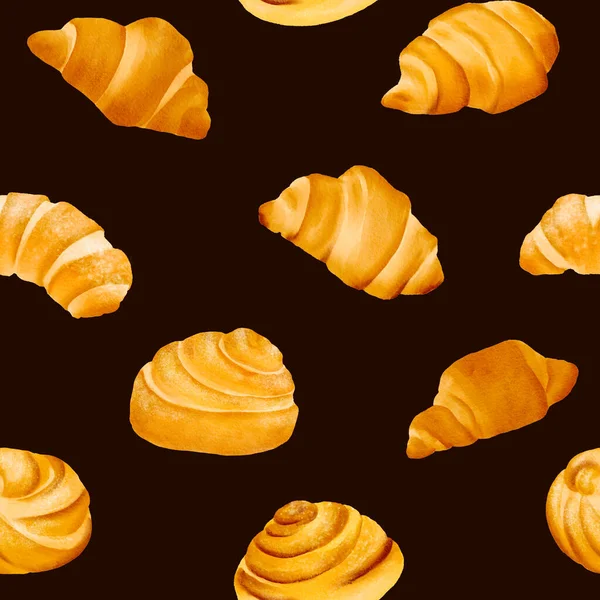 Seamless pattern tender, crispy, fragrant croissants with a tanned crust. The perfect French breakfast and snack at work. Good for a tea party. Isolated hand drawn digital watercolor black background