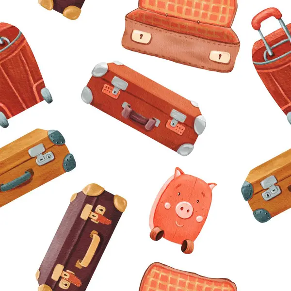 Seamless pattern of open and close Stylish brown retro suitcase, child luggage . Old vintage leather briefcase baggage. Travel stuff. Hand drawn retro bag. Watercolor illustration.