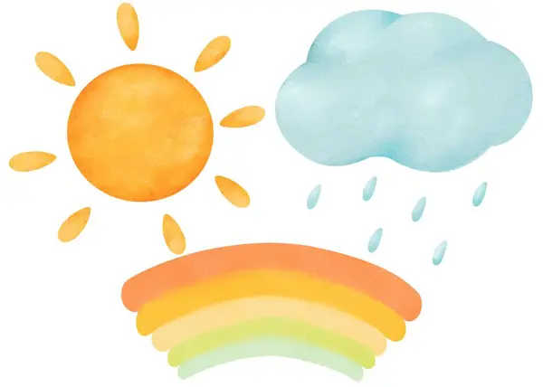 Watercolor set. a bright sun, a rainy cloud, and a colorful rainbow in a cartoon style. for childrens books, weather forecasts, greeting cards, and design that needs a dash of joy and natures beauty