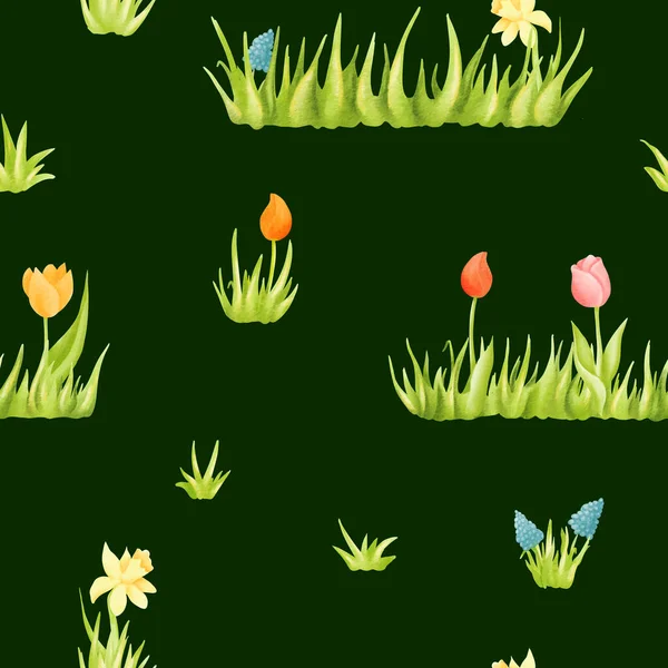 Seamless Pattern Childrens Spring Theme Beautiful Cartoon Summer Flowers Bloom — Stock Photo, Image