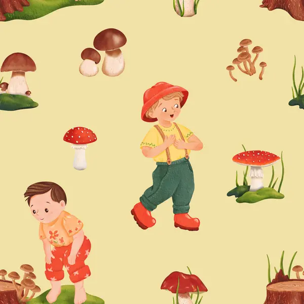 Nahtloses Waldmuster Mit Kleinen Pilzsammlern Waldlichtung Ein Traum Für Pilzfreunde — Stockfoto
