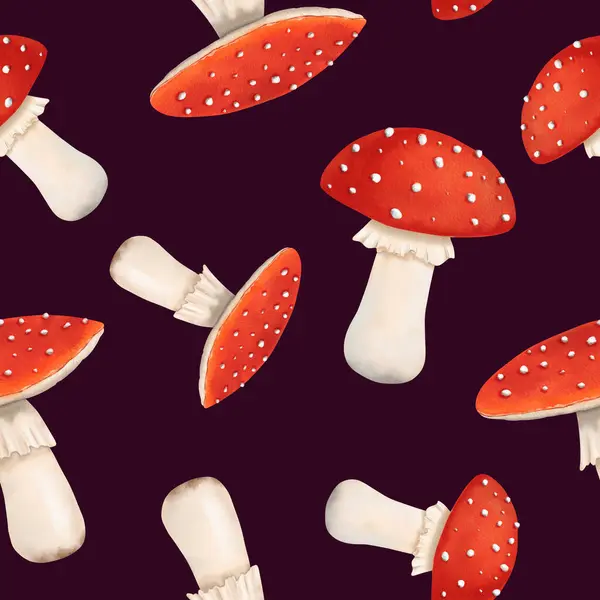 Padrão Aquarela Sem Costura Com Cogumelos Agáricos Voadores Vibrantes Tóxicos — Fotografia de Stock