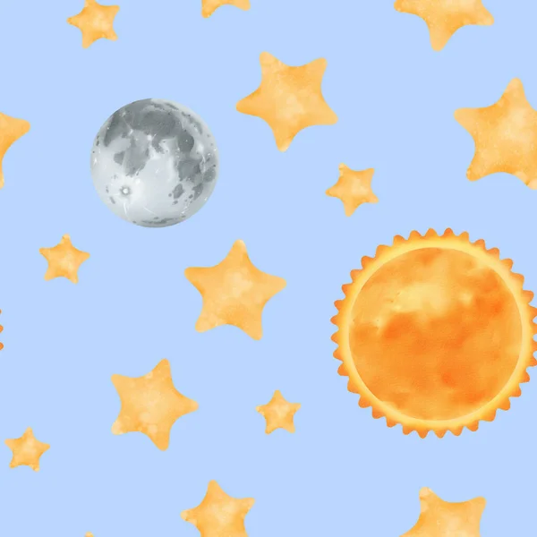 Watercolor seamless pattern. starry night sky. Yellow stars, a gray moon, and a bright orange sun. Cosmic theme for kids. Ideal for wallpapers, childrens rooms, textiles, baby apparel, and notebooks.