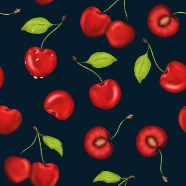 suluboya çizimler, dolgun, sulu kirazlarla süslenmiş kusursuz desenler. Mutfak dekorasyonu, yemek tarifleri, tekstil, reçel etiketleri, önlükler, ambalajlar, meyve suları, vişne şekerlemeleri ve sakız ambalajları için ideal.