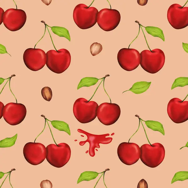 Vibrant Juicy Cherries Adorn Seamless Watercolor Pattern Ideal Kitchen Decor — Stock Photo, Image
