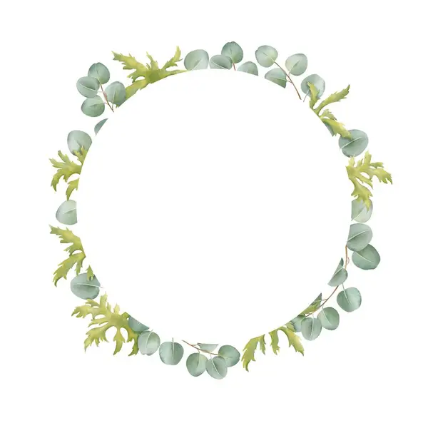 A minimalist circular frame composed of anemone leaves and eucalyptus branches. for invitations, greeting cards, posters, and social media graphics, adding an elegant touch to any project.