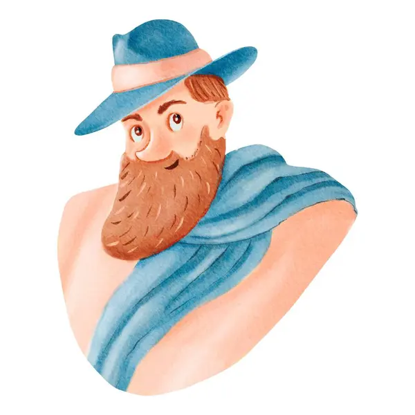 Sakallı Şapkalı Adam Şık Bir Şekilde Boynuna Mavi Bir Eşarp — Stok fotoğraf