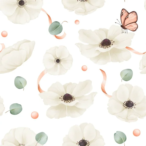 Seamless Pattern Featuring White Watercolor Anemones Eucalyptus Leaves Satin Ribbons — Stock Photo, Image