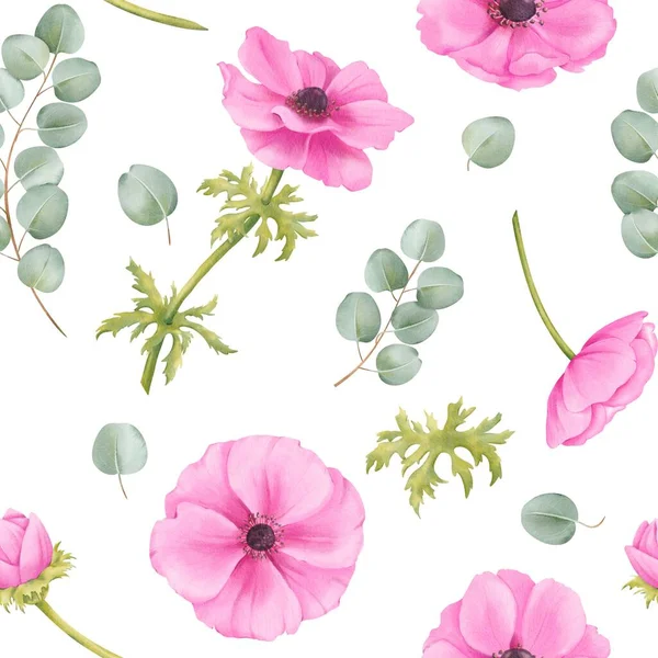 Seamless Pattern Pink Watercolor Anemone Blooms Lush Green Foliage Eucalyptus — Stock Photo, Image