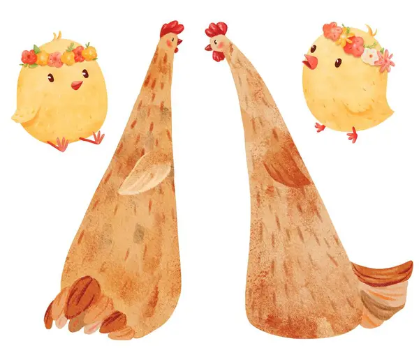 水彩画集 小鸡和小鸡装饰着春天的花环 卡通风格 用于各种创意项目 儿童插图 装饰设计 农场生活和春天的魅力 — 图库照片