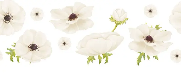 Seamless Border Featuring Delicate White Anemones Fresh Greenery Watercolor Illustration — Stock Photo, Image