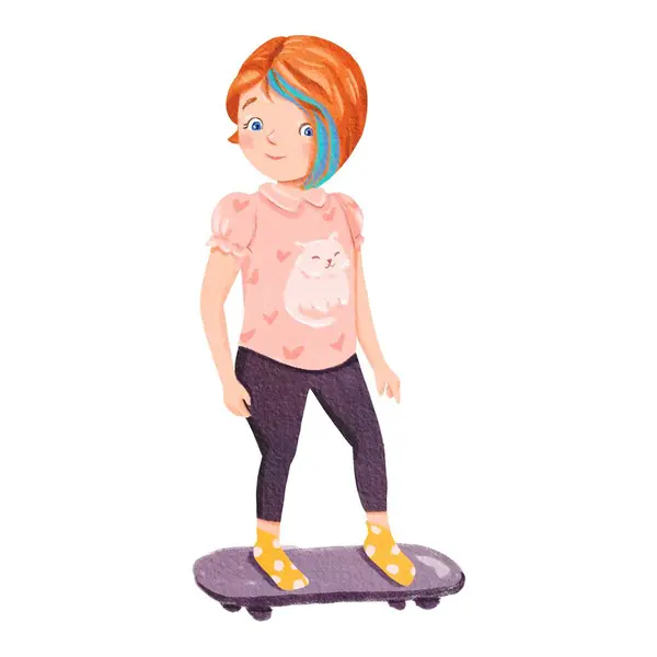 Маленькая Девочка Одетая Пурпурный Рукав Рисунком Скейтбордиста Делает Жест Катаясь — стоковое фото
