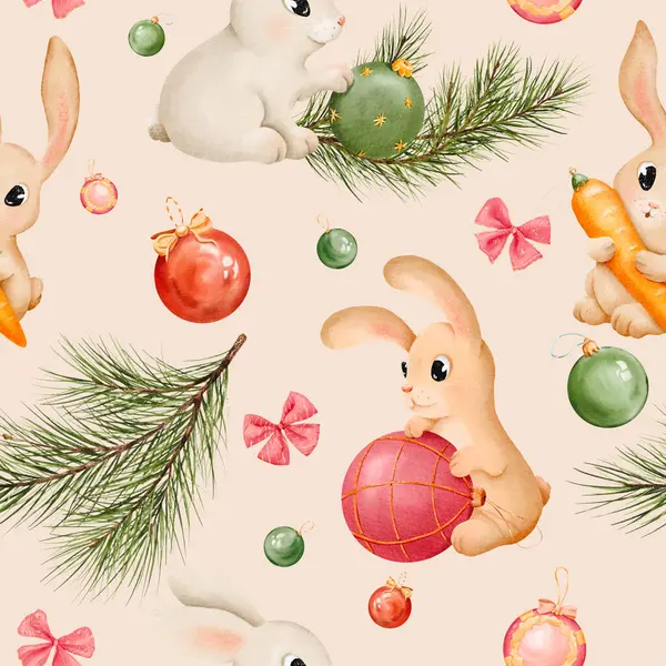 无缝图案 兔子和兔子与圣诞玩具水彩画集 手绘不同颜色的动物 兔子图解元素 新年的可爱人物 纺织品 包装材料 — 图库照片