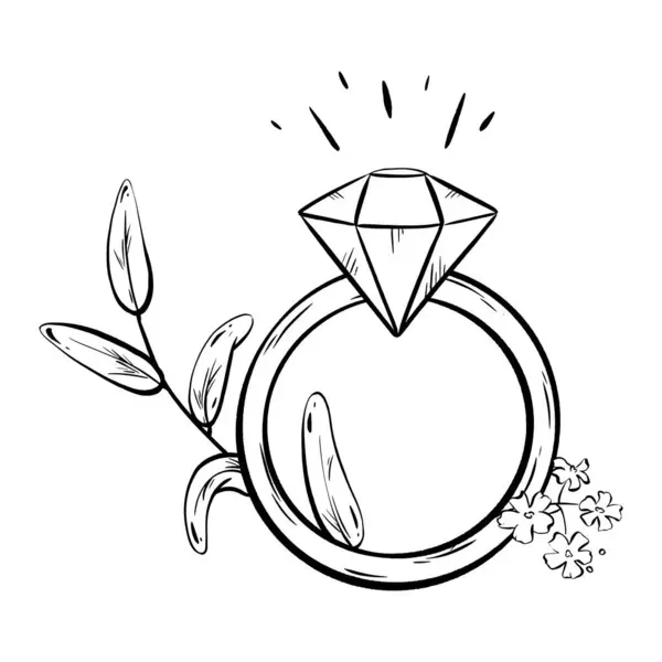一枚镶嵌有钻石的结婚戒指的单色插图 象征着爱情和承诺 精致的艺术抓住了动作的美丽 — 图库矢量图片