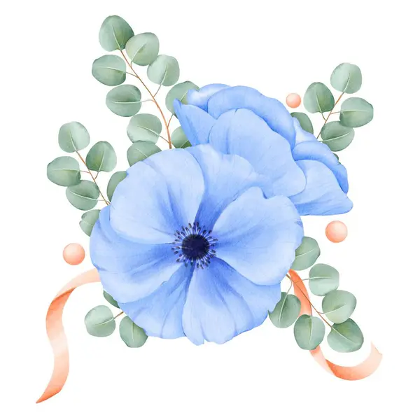 Watercolor Floral Composition Blue Anemones Eucalyptus Leaves Adorned Satin Ribbons — Stock Photo, Image