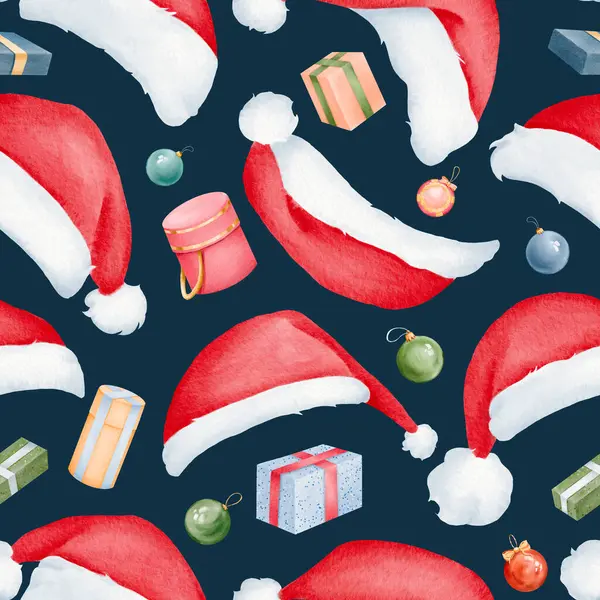 Бесшовный Шаблон Подарки Шляпа Санта Клауса Зимняя Одежда Рождественская Красная — стоковое фото