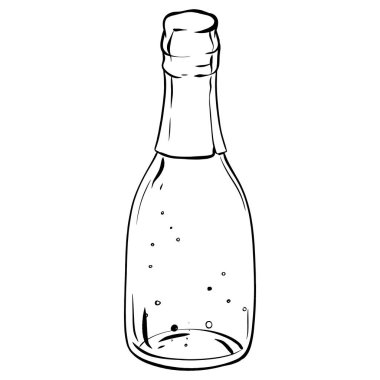 İçinde sıvı olmayan bir şampanya şişesinin monokromatik çizimi. Detaylı sanat eserleri içki takımını gösteriyor. Bir şişe tıpası ve cam şişe de dahil.