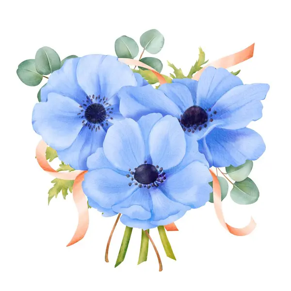 Bouquet Watercolor Blue Anemones Adorned Eucalyptus Leaves Satin Ribbons Ideal — Stock Photo, Image