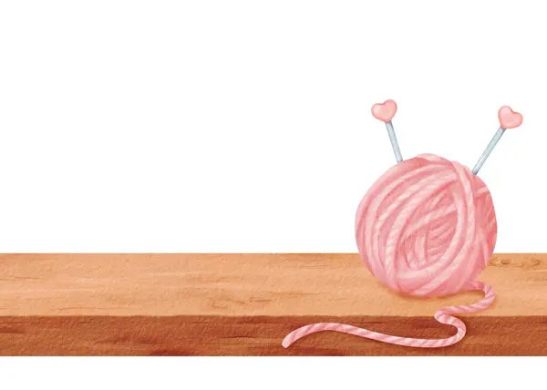 Composition Featuring Pink Yarn Skein Knitting Needles Resting Windowsill Wooden — Stock Photo, Image