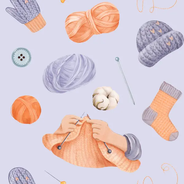针织图案一种无缝的针织图案 特点是有爱心的手织面料 袜子和手套 带有手工纱线 钮扣和棉花别针等元素 水彩画 — 图库照片