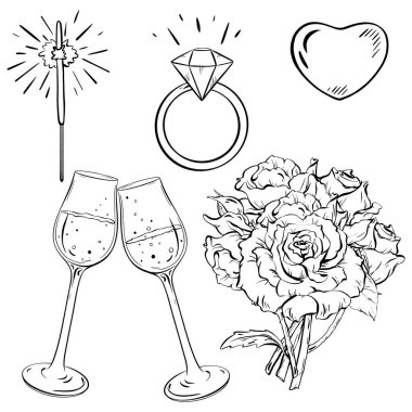 Bir buket gül, şampanya kadehi, bir yüzük ve bir kalbin monokrom çizimi. Çizim, sofra takımı ve kadehteki botanik ve karmaşık desenlerin hassas detaylarını vurguluyor.
