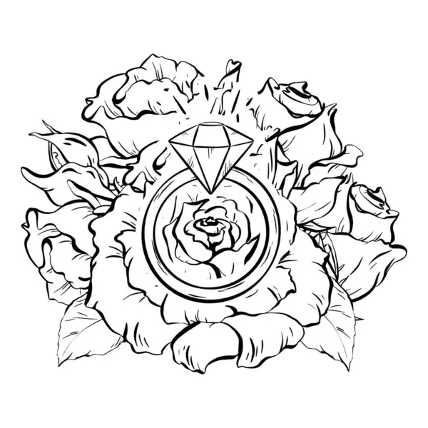一只镶嵌在精致玫瑰花中的钻石戒指的单色图画 展示了复杂的细节和艺术风格 — 图库矢量图片