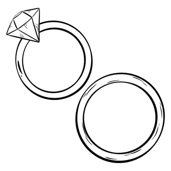 Černobílý Nákres Dvou Svatebních Prstenů Diamantem Uprostřed Zobrazující Kruhový Design — Stockový vektor