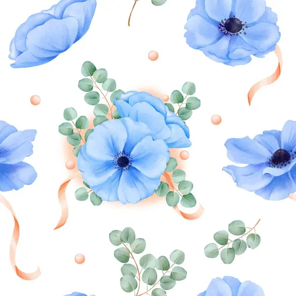 Seamless Pattern Watercolor Floral Blue Anemones Satin Ribbons Sparkling Rhinestones — Stock Photo, Image